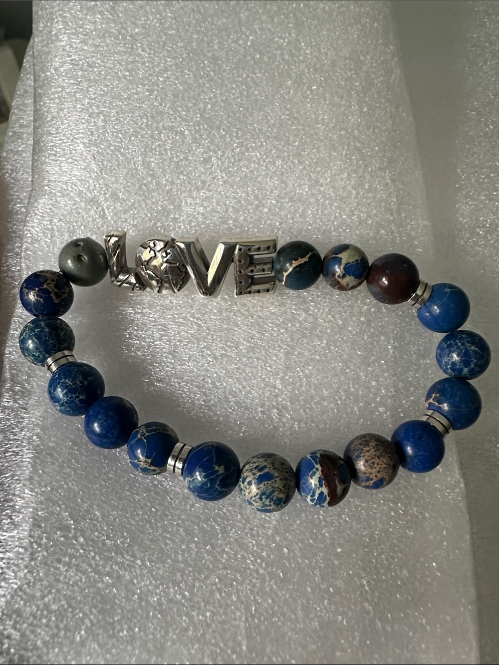 Blue and Silver Beaded Bracelet with LOVE charm
